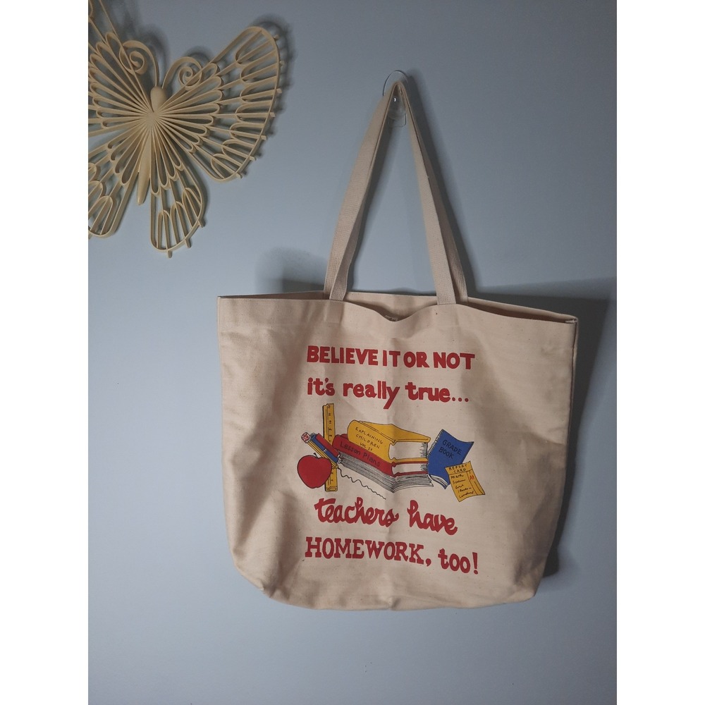 Vintage Teachers Have Homework Too Canvas Tote Bag Cream Cotton School Graphic
